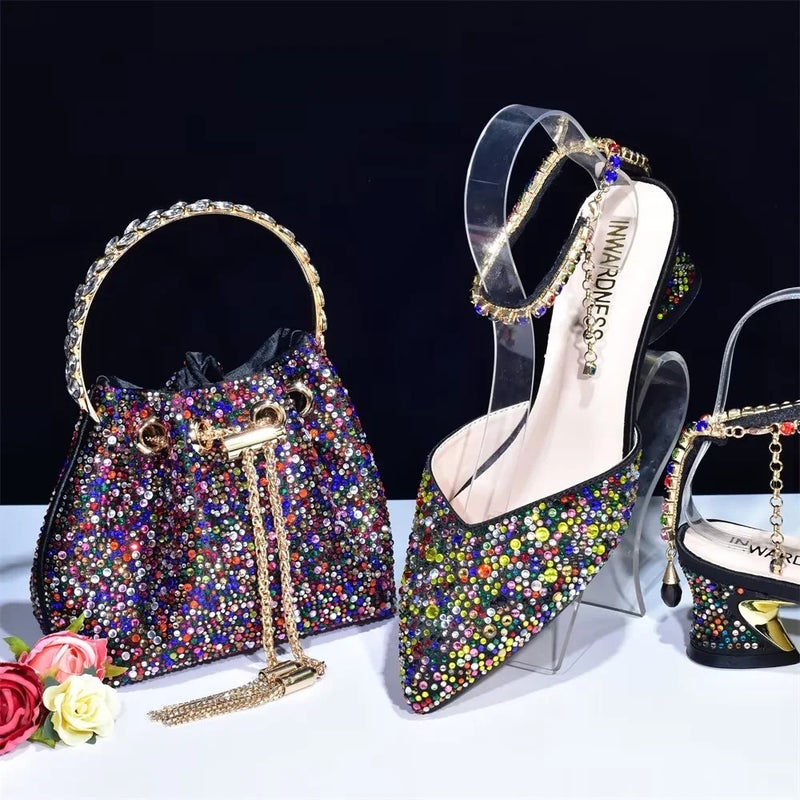 Fashion Pointed Toe Rhinestone Backless Chain Handbag Set With Rhinestone Embellishments, -Selling Elegant Sequins - Image 5